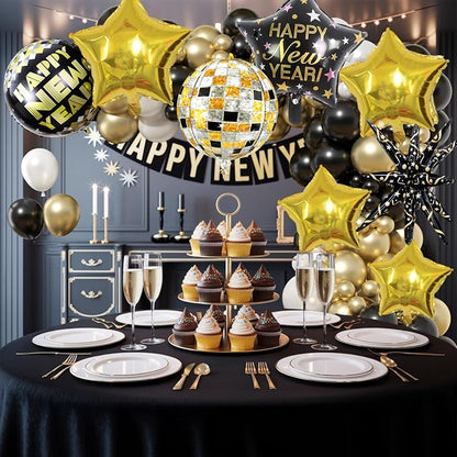 Black and Gold Happy New Year Balloons, 18 Inch New Years Foil Balloons - Image 3