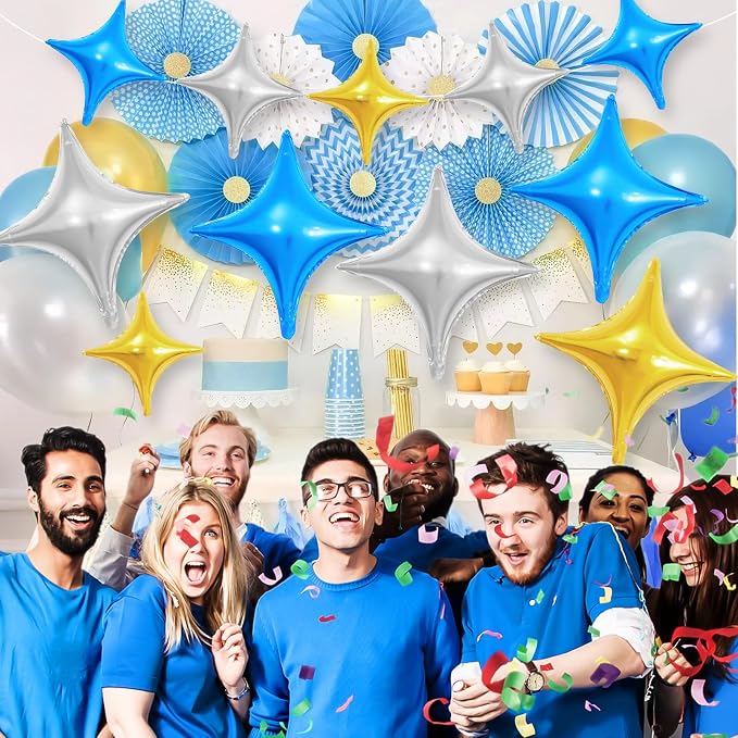 Blue Gold Silver Balloons, 26Inch and 10Inch Blue Silver Gold Quadrangle Helium - Image 4