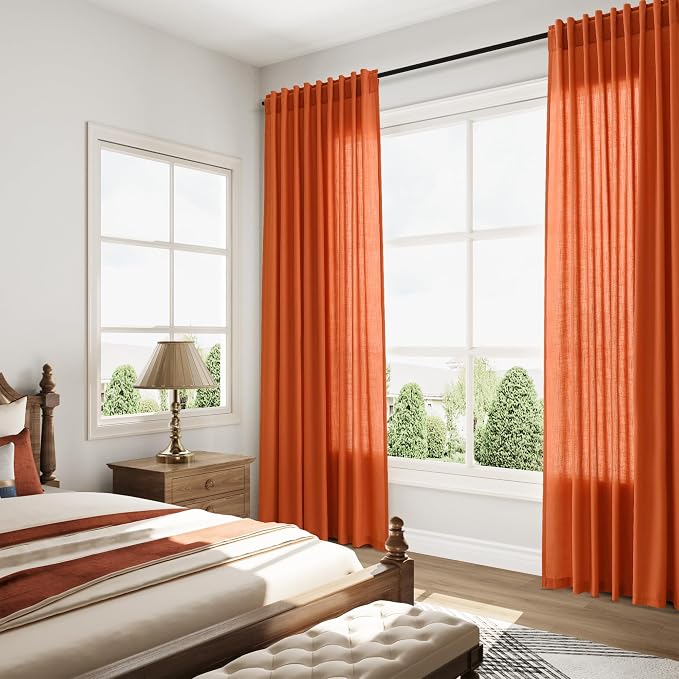 Bright Orange Linen Blend Light Filtering Back Tab Curtains 102 Inches Long - Image 8