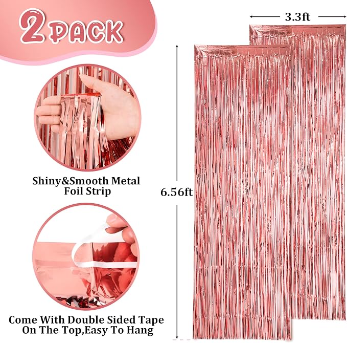 Voircoloria Rose Gold Foil Fringe Backdrop Curtains, 2 Pack | Tinsel Streamers - Image 3