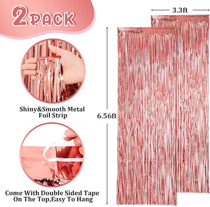 Voircoloria Rose Gold Foil Fringe Backdrop Curtains, 2 Pack | Tinsel Streamers - Image 3