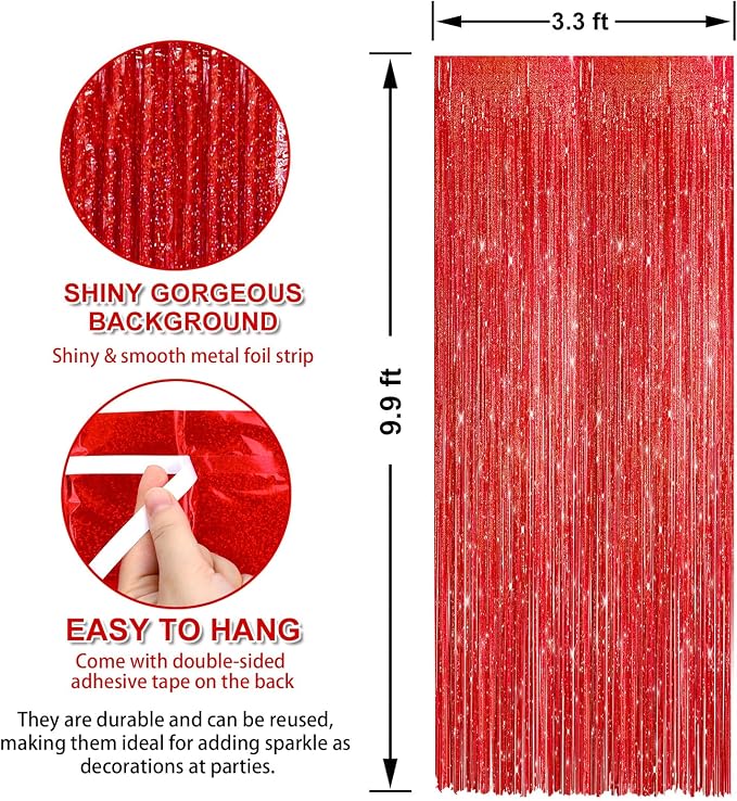 Crosize 2 Pack Laser Red Party Streamers Backdrop, 3.3 x 9.9 ft | Tinsel Foil - Image 2
