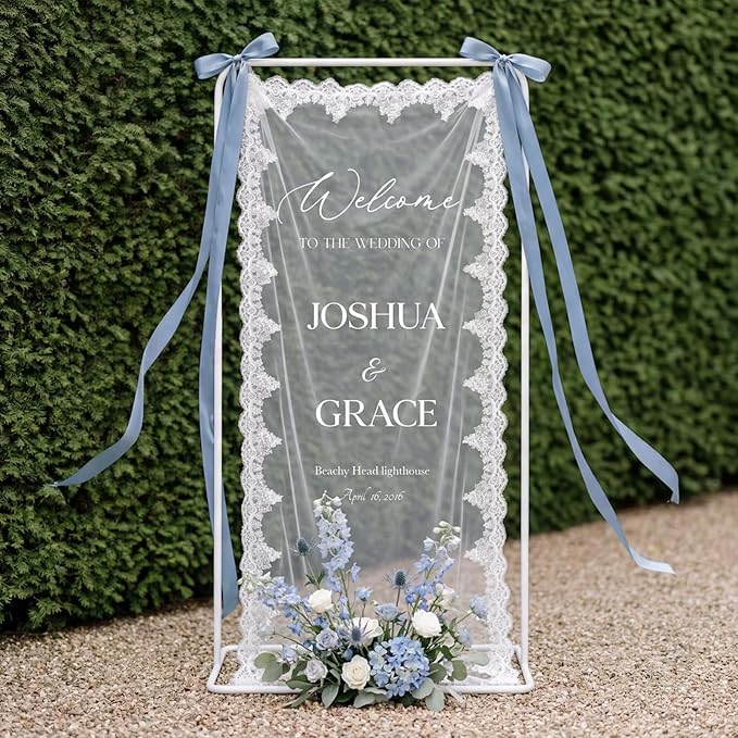 Personalized Wedding Welcome Fabric Sign Sheer Lace Banner | Handmade Custom by DUNACO