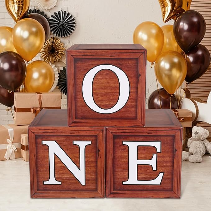 One Boxes for 1st Birthday, Wood Grain One Balloon Boxes, Individual Square by KKONHII