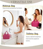 Travel Toiletry Bag for Women, Large Wide-open Puffy Cosmetic Makeup Bag with Wet-Dry Separation, Multi-Pocket Organizer with Carry Handle for Toiletries, Cosmetics, Essentials, Rose Red