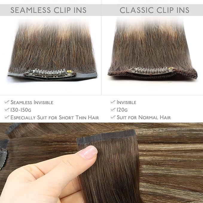 WENNALIFE Seamless Clip In Hair Extensions Human Hair, 24 Inch 160g 7pcs Balayage Chocolate Brown to Honey Blonde Hair Extensions Clip In Invisible PU Skin Weft Real Human Hair Extensions Clip In