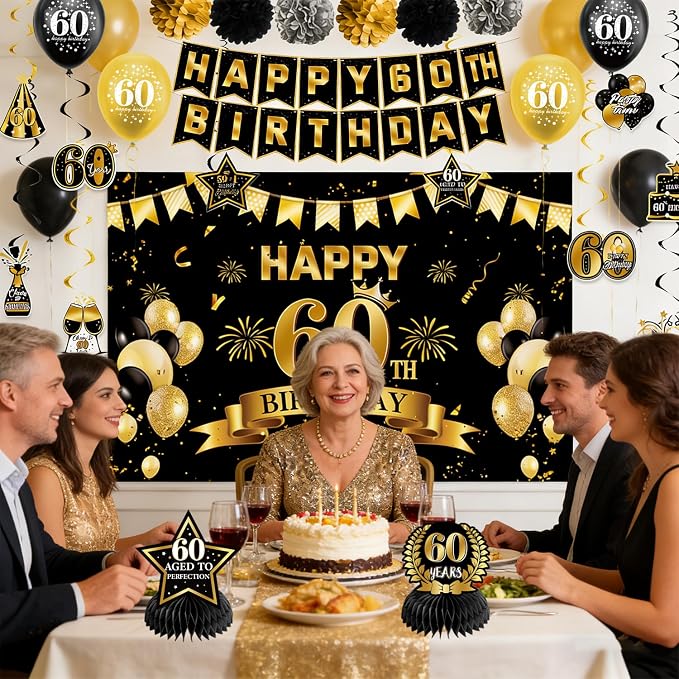 60th Birthday Decorations for Men Women | Pre-Strung Black Gold Happy Birthday - Image 2
