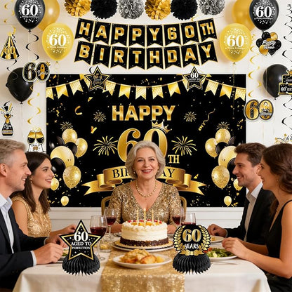 60th Birthday Decorations for Men Women | Pre-Strung Black Gold Happy Birthday - Image 2