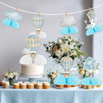 8Pcs Hot Air Balloon Honeycomb Centerpieces Blue Hot Air Balloon Clouds Table - Image 7