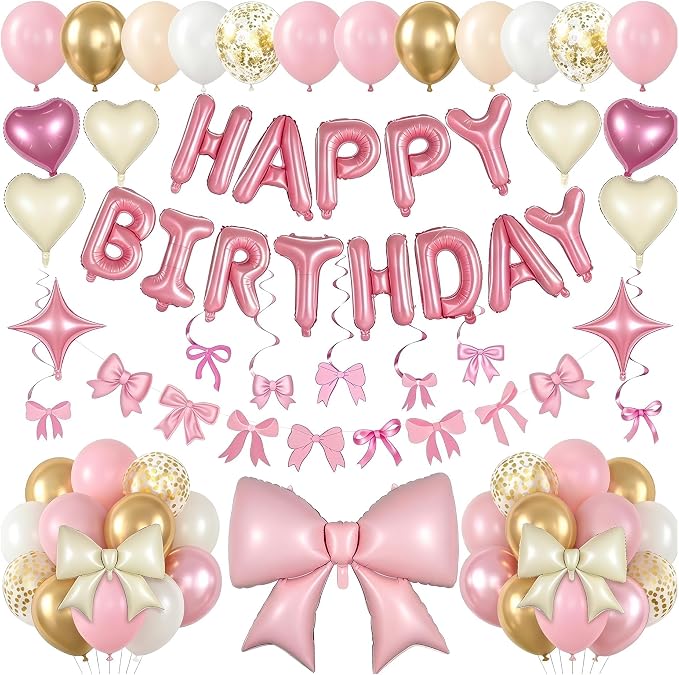 Pink Bow Birthday Decorations Set, Balloons Banner Hanging Swirls Backdrop | by TangTuan