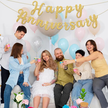 Happy Anniversary Banner Sign Gold Glitter Wedding Bunting Banner Flag Garland - Image 8