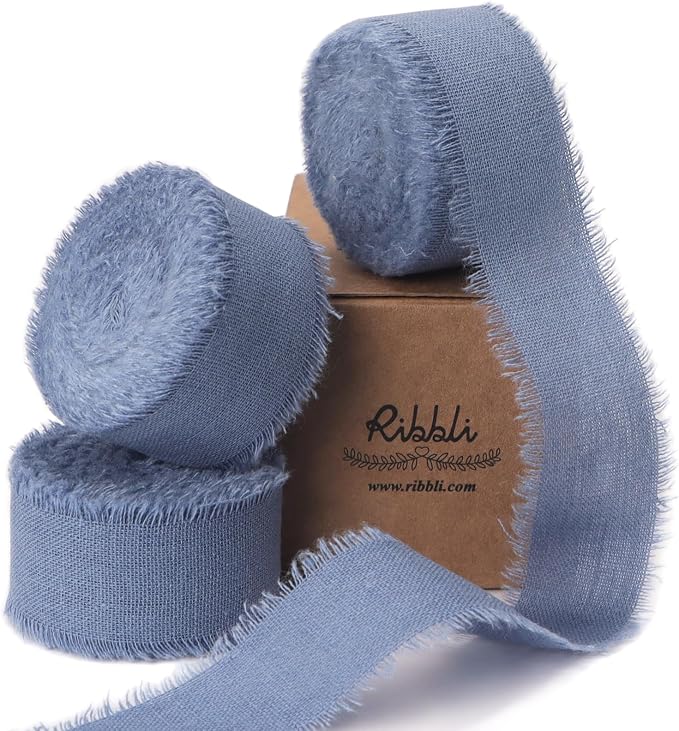 Ribbli 3 Rolls Dusty Blue Ribbon 1 Inch x 18 Yards Handmade Cotton Frayed by Ribbli