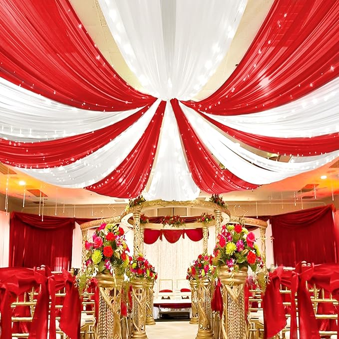 6 Panels Red Ceiling Drapes for Wedding 5ftx15ft Arch Draping Fabric Sheer by Showgeous