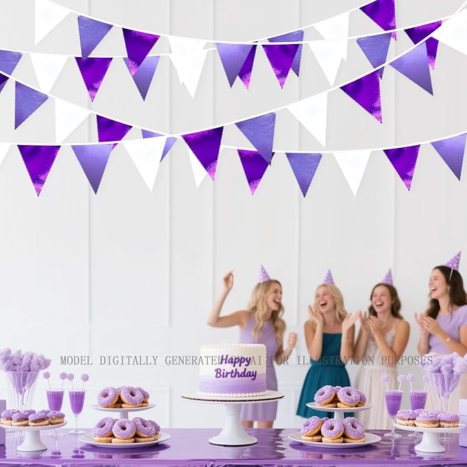 Purple and White Party Decorations Metallic Fabric Ombre Purple White Triangle - Image 4
