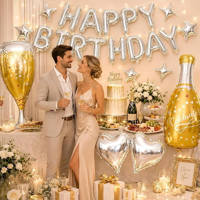 Silver Happy Birthday Balloons Banner, Champagne Bottle Glass Foil Balloon - Image 3