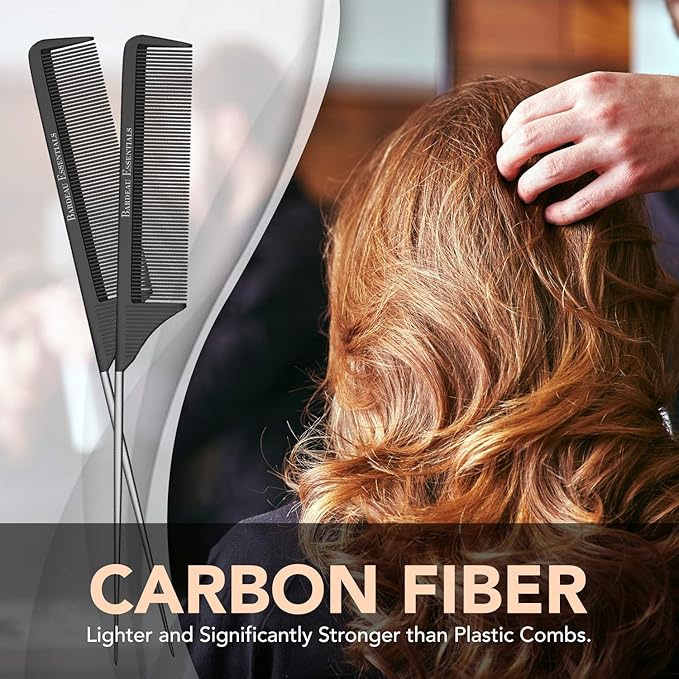 Professional 8.8 Inch Tail Comb (5 Pack) - Black Carbon Fiber and Stainless Steel Pintail - Anti Static and Heat Resistant Teasing Comb - Lightweight for All Hair Types