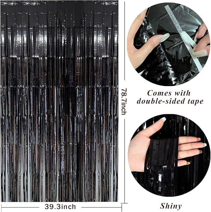 Black Party Streamers Foil Fringe Backdrop Curtains Tinsel Streamers Birthday - Image 2