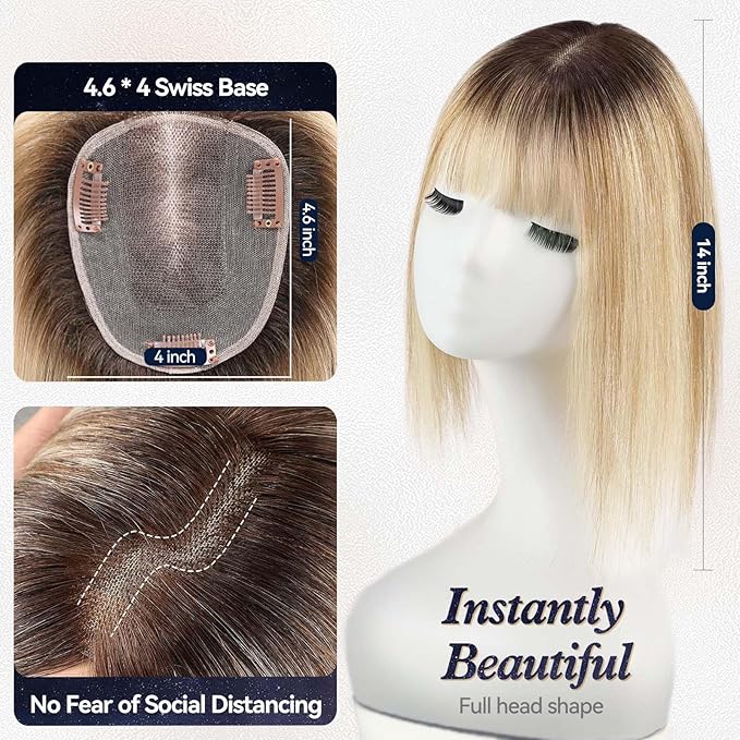 starluck Human Hair Toppers for Women with Thinning Hair, 14 Inch Real Hair Topper, 4.6x4 Inch SilkHug Swiss Lace Base Hairpiece, With Bangs (Ombre Blonde)