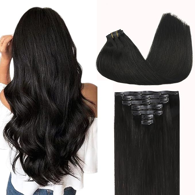 GOO GOO Clip in Hair Extensions Real Human Hair, Remy Human Hair Extensions Clip ins for Women, Natural Human Hair, 22inch 110g 7Pcs, 1B Natural black