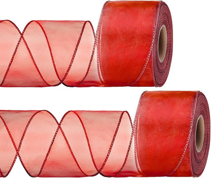 2 Rolls Christmas Organza Wired Sheer Ribbon Chiffon Ribbon Wide Solid Color by Syhood