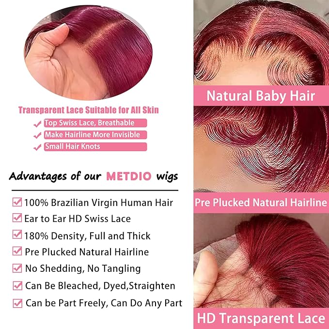 99J Burgundy Wig Human Hair 13x4 Body Wave Lace Front Wigs Human Hair 180 Density Pre Plucked Glueless Wine Red Colored Lace Front Wig for Women 32 Inch