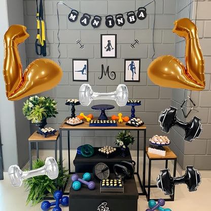7Pcs Gym Birthday Party Decorations/Gold Bicep Muscle Balloon + Mini Dumbbell - Image 7