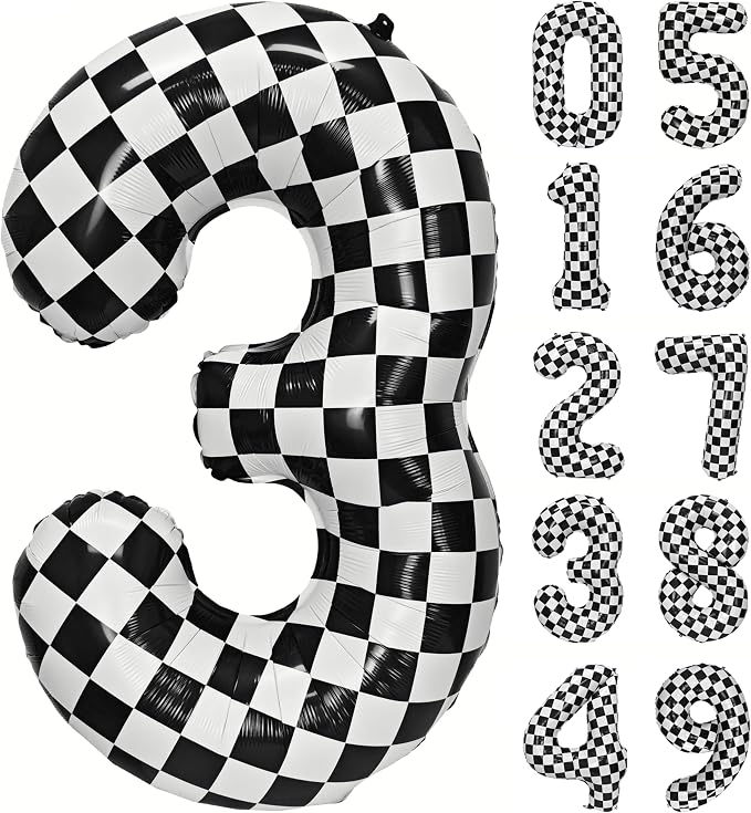40In Black White Checkered Number 3 Balloon Race Car Digital Foil 3 Balloon | by YOIOZAIZAI