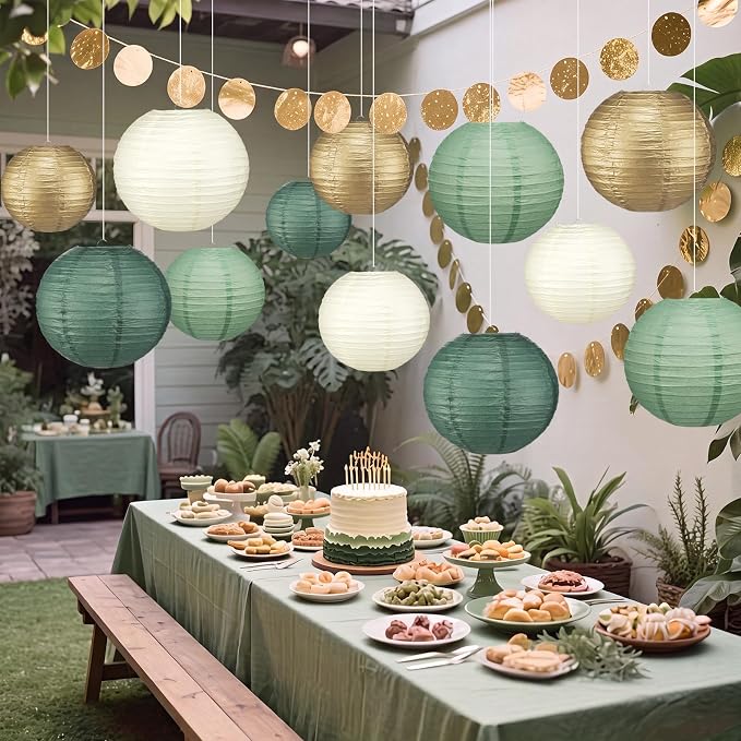 12 Pcs 10" Golg Greem Boho Paper Lanterns Party Classroom Decor - Image 5