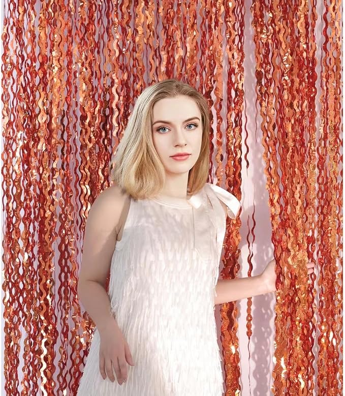 4 Pack 3.3x6.6ft Wavy Orange Foil Fringe Backdrop Curtains -Tinsel Streamers - Image 3