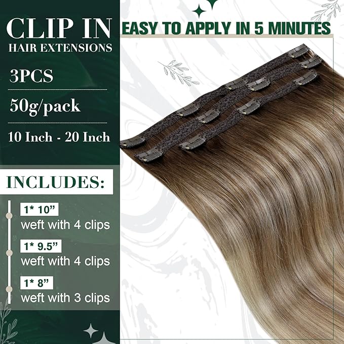 RUNATURE Clip in Hair Extensions Human Hair Balayage Clip in Human Hair Extensions for Women Soft Remy Natural Hair Straight 20 Inch 50g 3pcs #3/8/22 Walnut Brown to Blonde Balayage