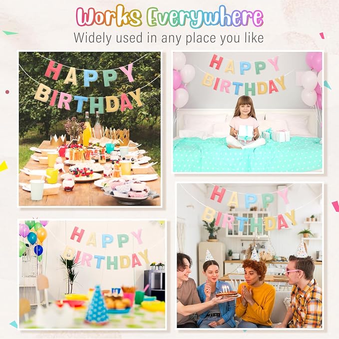 Felt Happy Birthday Banner, Pre-Strung 3D Birthday Rainbow Garland Banner | - Image 5