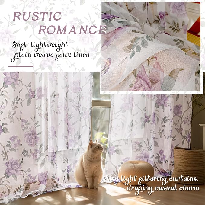 Sheer Curtains 54 Inch Length 2 Panels Set, Lavender Floral Patterned Linen - Image 4