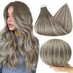 Full Shine Tape in Hair Extensions Human Hair Brown Roots Fading to Brown and Ice Blonde Balayage Straight Hair Extensions Tape in 16 Inch Double Sided Tape in Hair Extensions 50 Gram Remy Hair 20 Pcs