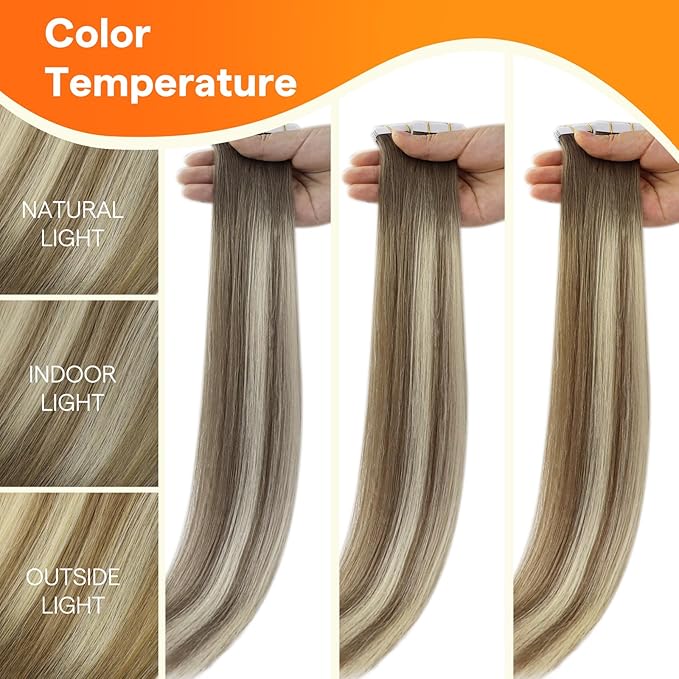 Full Shine Seamless Injection Tape in Extensions Color 4/24/4 Brown Fading to Blonde and Brown 24 Inch Invisible Machine Remy Thick Tape in Hair Extensions Human Hair 20 Pcs Silky Straight 50G