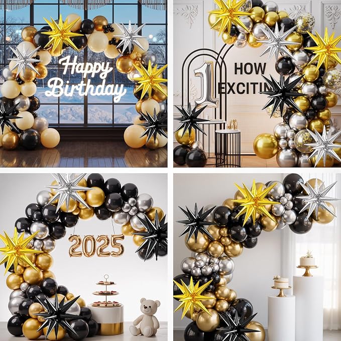 Silver Gold Black Star Balloons, 22/27 Inch Silver Black Gold Star Foil Balloons - Image 7