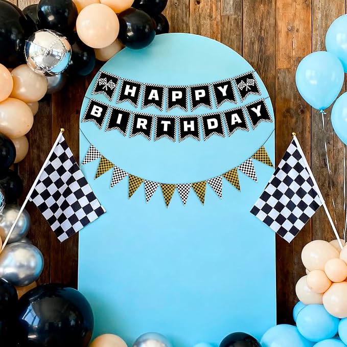 MEETINGU Black and Gold Checkered Flags and Race Car Happy Birthday Banner - Image 3