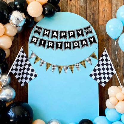 MEETINGU Black and Gold Checkered Flags and Race Car Happy Birthday Banner - Image 3
