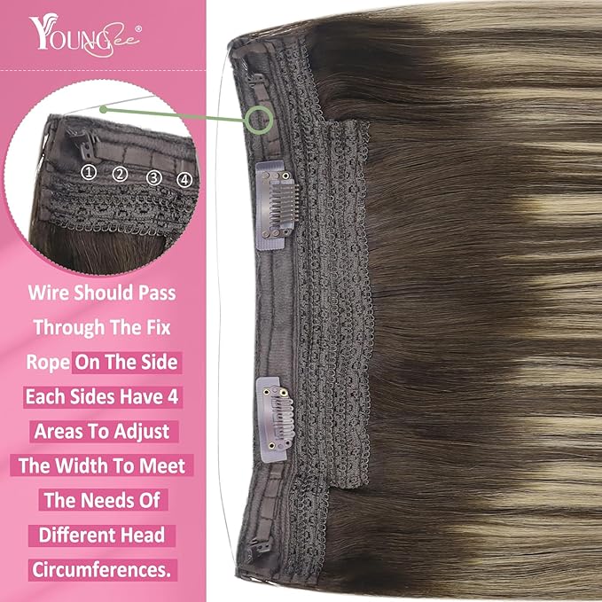 YoungSee 120G Wire Hair Extensions Balayage Brown Fish Line Hair Extensions Real Human Hair Ombre Dark Brown with Ash Blonde Hair Extensions Wire for Women 16Inch