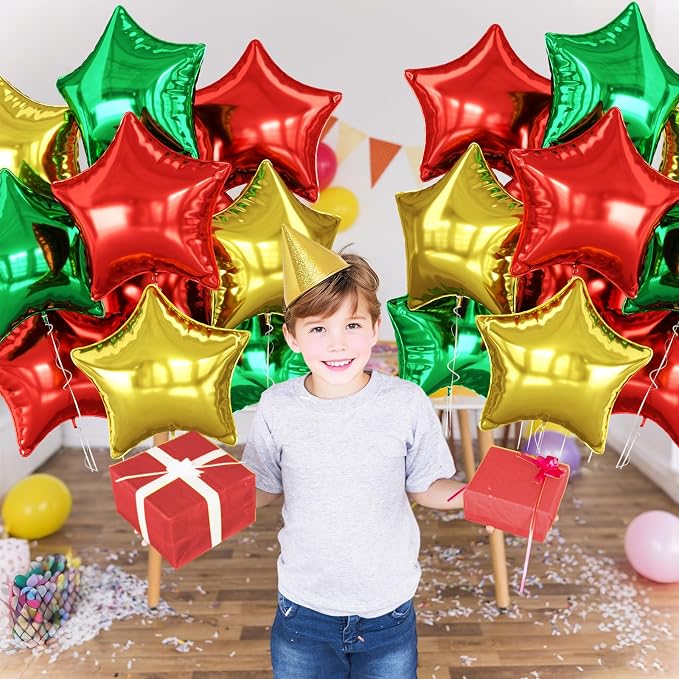 Red Green Gold Star Foil Balloons, 18 Inch Large Metallic Stars Balloons Helium - Image 7