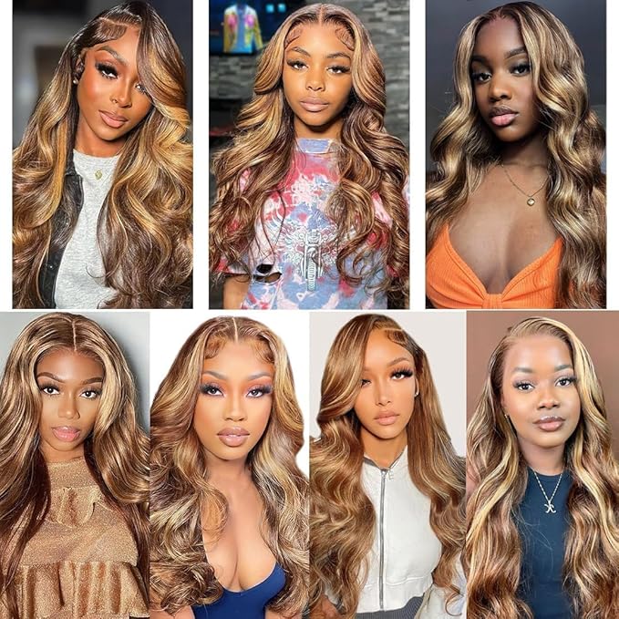 210% Density 13x6 Highlight Ombre Full Lace Frontal Wigs Human Hair 12A Body Wave Brazilian Human Hair Pre Plucked 4/27 Honey Blonde HD Glueless Transparent Lace with Baby Hair 26 Inch