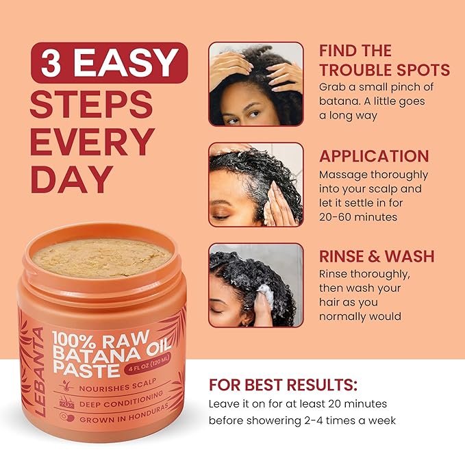 Raw Batana Oil for Hair Growth - 100% Pure, Organic 4oz Batana from Honduras for Thick and Strong Natural Hair - Dr. Sebi Unrefined Cold Pressed Cosmetic Scalp Mask for Men & Women (3 Pack)