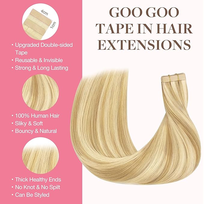 GOO GOO Tape in Hair Extensions Human Hair, 18D/22F Dirty Blonde Highlights, 12inch 80g 40pcs, Skin Weft Seamless Invisible, Silky Straight with Thick Ends, Remy Human Hair