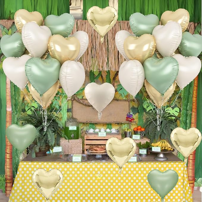 Sage Green Gold Heart Balloons, 18Inch Green Cream White Heart Helium Foil - Image 5