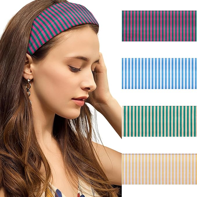 4pcs Headbands for Women Stripedr Non Slip Wraps Elastic Stretchy Fashion Bandanas Workout Yoga Running Hair