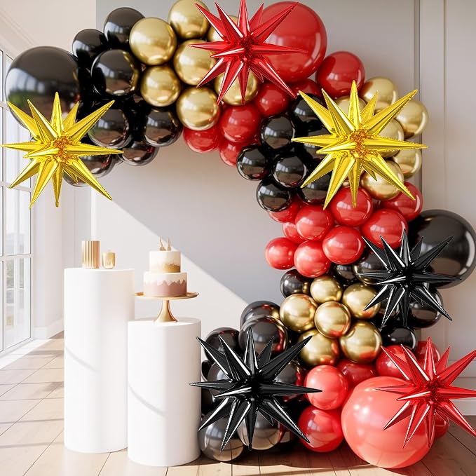 Gold Red Black Star Balloons, 22/27 Inch Red Gold Black Star Foil Balloons - Image 4