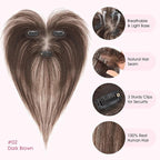 Hairro Human Hair Toppers with Wispy Bangs, 3D 360° Seamless Real Hair Toppers, Hand-Tied with 3.5"x4.7" T-shaped Base, Clip-In Hairpieces to Add Volume on Top, 11 Inch Dark Brown