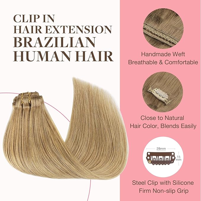 GOO GOO Clip in Hair Extensions Real Human Hair, Remy Human Hair Extensions Clip ins for Women, Natural Human Hair, 18inch 120g 7Pcs, 7 Bronde