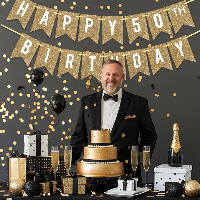Netnology Pre-Strung Gold Glitter 50th Happy Birthday Banner Decorations | 12 - Image 6