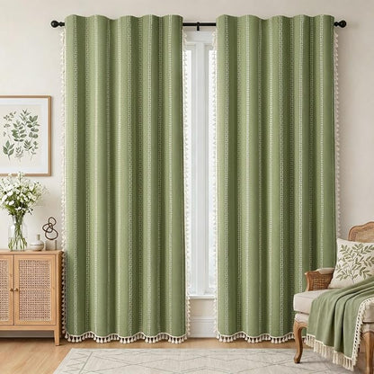 Olive Green 100% Boho Blackout Curtains 84 Inch 2 Panels | Vintage Farmhouse - Image 2