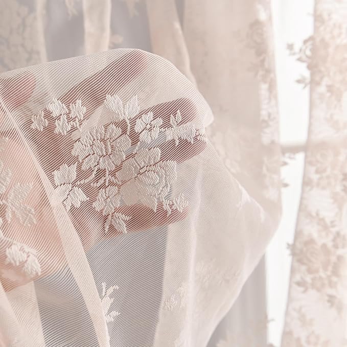 Kotile Blush Pink Floral Lace Curtains - Image 7